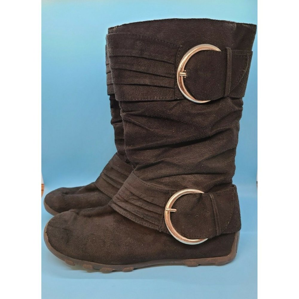 Girls "DIZZY" Mid Calf Buckle Boots Black Faux Suede size 4.5